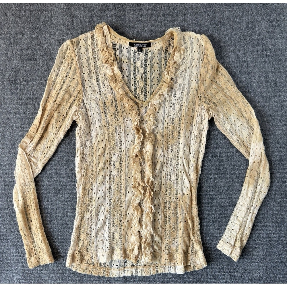 Karen Kane Womens Beige Long Sleeve Crew Neck Knit Crochet Pullover Sweater M